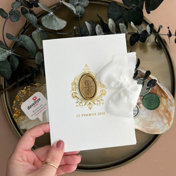Luxury White Wedding Invitation with Gold Foil, Embossed Monogram & Silk Ribbon