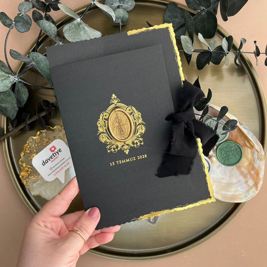 Luxury Black Wedding Invitation with Gold Foil, Wax Seal & Silk Ribbon
