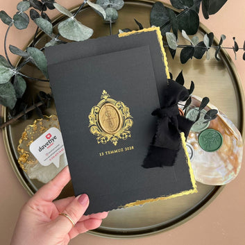 Luxury Black Wedding Invitation with Gold Foil, Wax Seal & Silk Ribbon