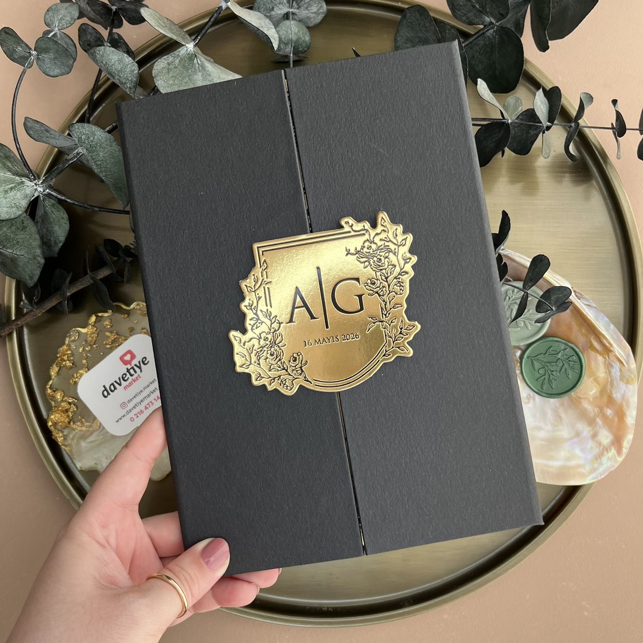 Black & Gold Luxury Wedding Invitation with Foil Crest