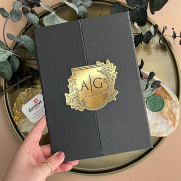 Black & Gold Luxury Wedding Invitation with Foil Crest
