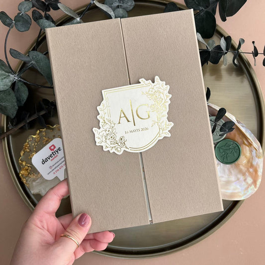 Taupe Gatefold Wedding Invitation with Gold Foil & Emboss Detail