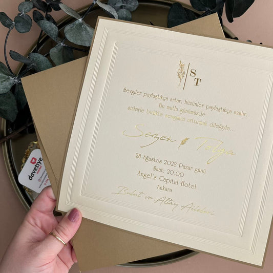 Minimalist Cream Wedding Invitation with Gold Foil & Kraft Envelope
