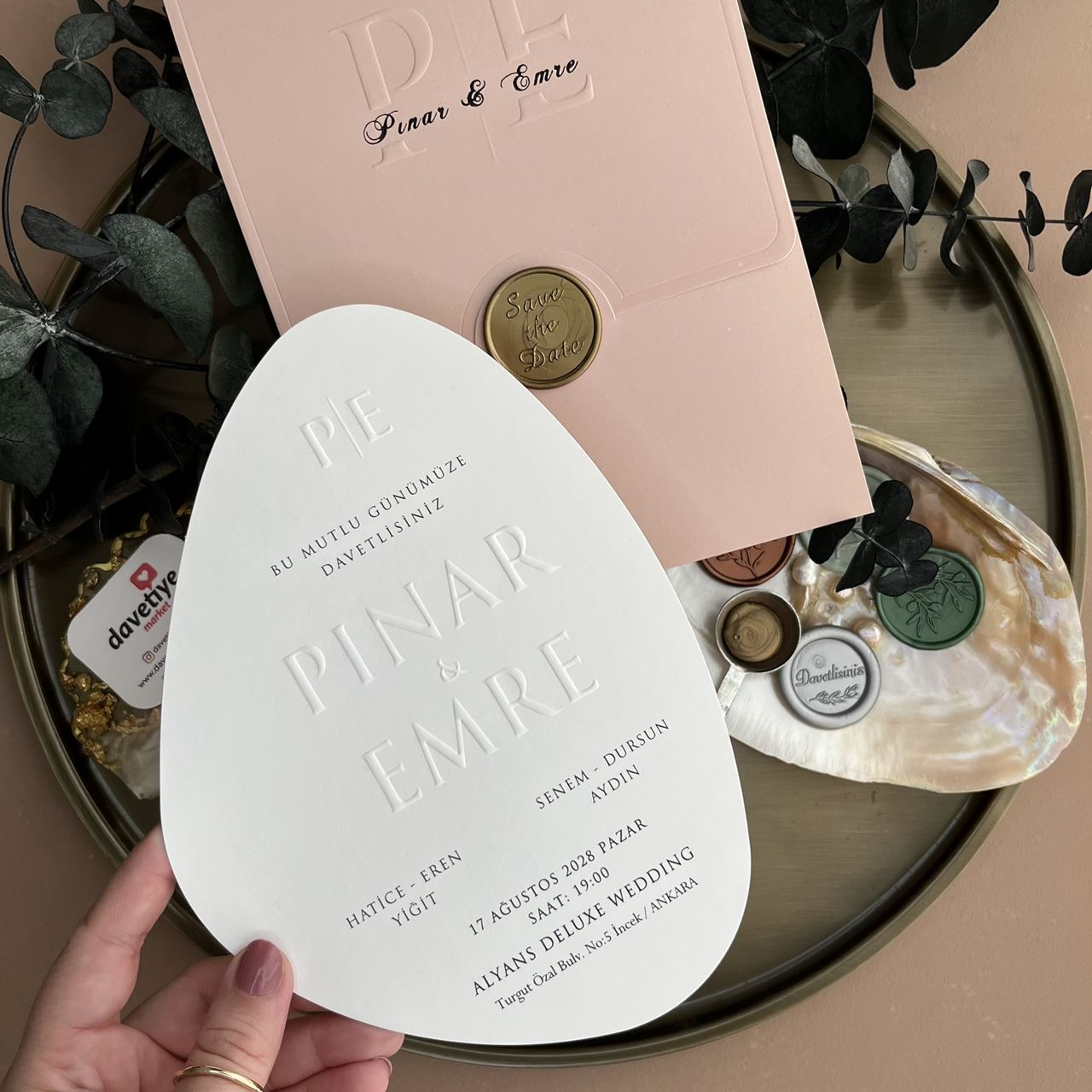 Luxury Teardrop Wedding Invitation with Blush Envelope & Seal