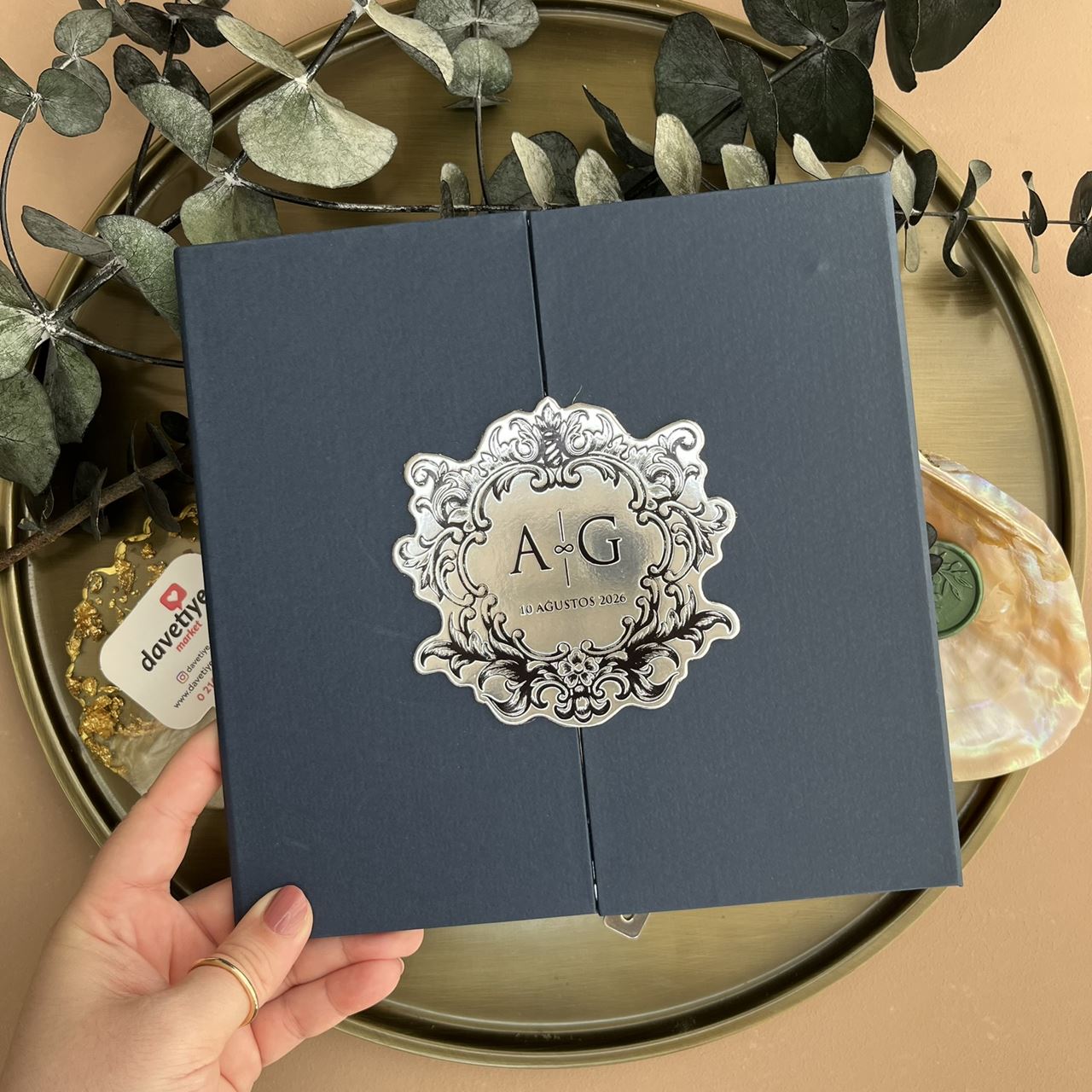 Navy Blue & Silver Mirror Wedding Invitation with Crest