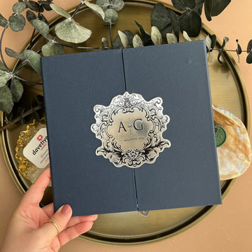 Navy Blue & Silver Mirror Wedding Invitation with Crest