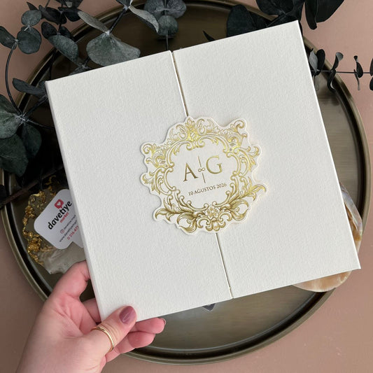 Ivory & Gold Luxury Wedding Invitation with Foil Crest
