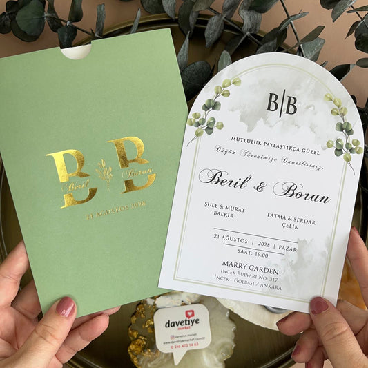 Green Botanical Wedding Invitation with Gold Foil Monogram | Arched Card Design