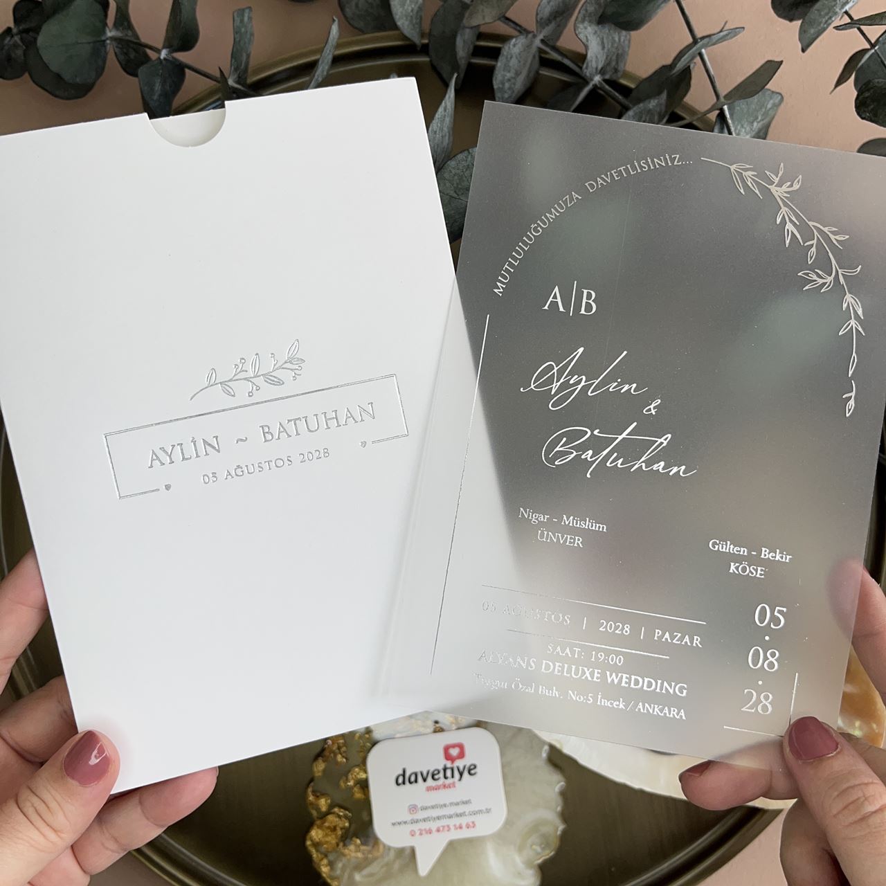Modern Frosted Acrylic Wedding Invitation with Silver Foil & White Envelope