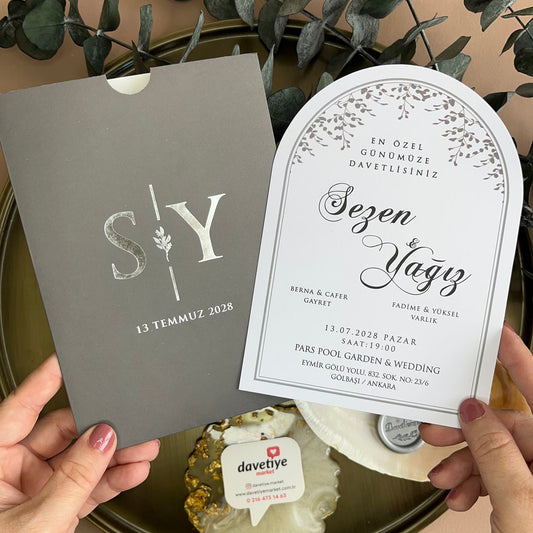 Affordable Gray Arched Wedding Invitation with Silver Foil Details