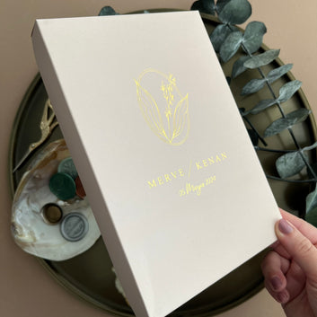 Cream Box Wedding Invitation with Gold Foil & Pink Ribbon