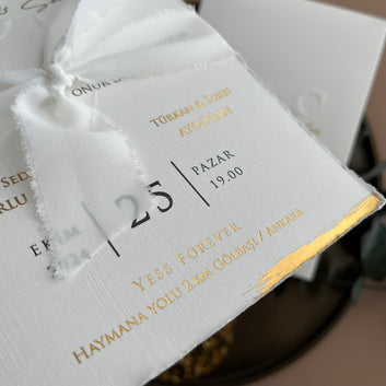 White Box Wedding Invitation with Gold Foil & Ribbon