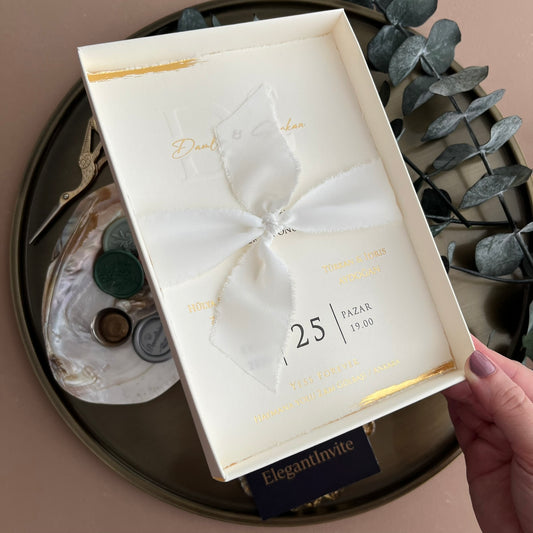 White Box Wedding Invitation with Gold Foil & Ribbon