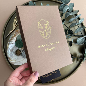 Brown Box Wedding Invitation with Gold Foil & Ribbon