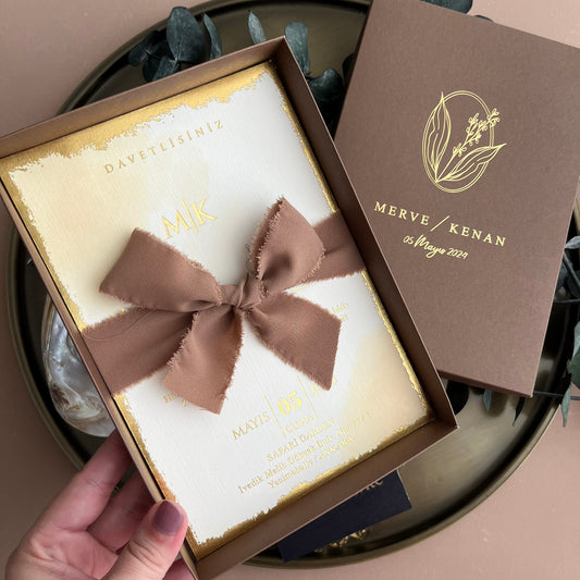 Brown Box Wedding Invitation with Gold Foil & Ribbon