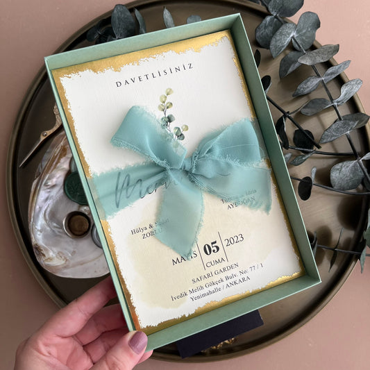 Mint Green Box Wedding Invitation with Gold Foil & Ribbon