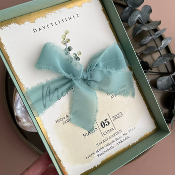 Mint Green Box Wedding Invitation with Gold Foil & Ribbon