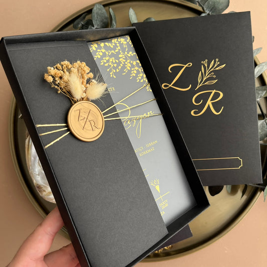 Black Box Wedding Invitation with Gold Foil & Dried Flowers