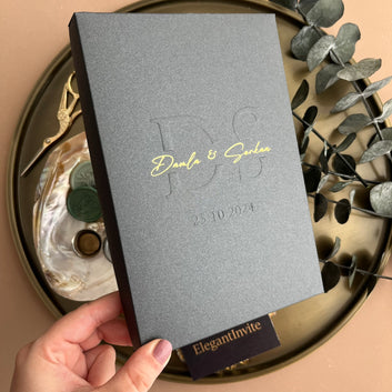 Black Box Wedding Invitation with Gold Foil & Ribbon