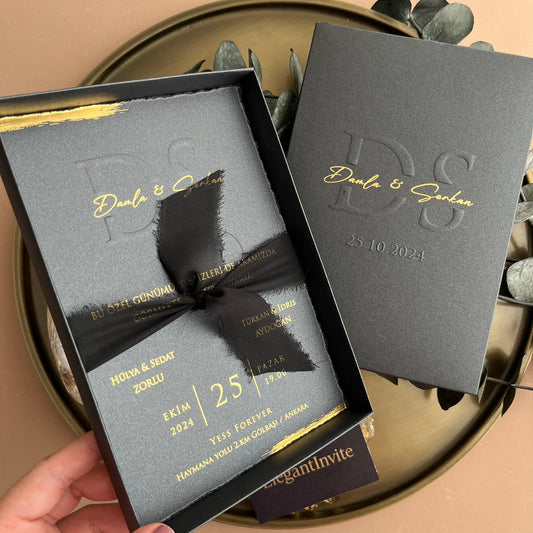 Black Box Wedding Invitation with Gold Foil & Ribbon
