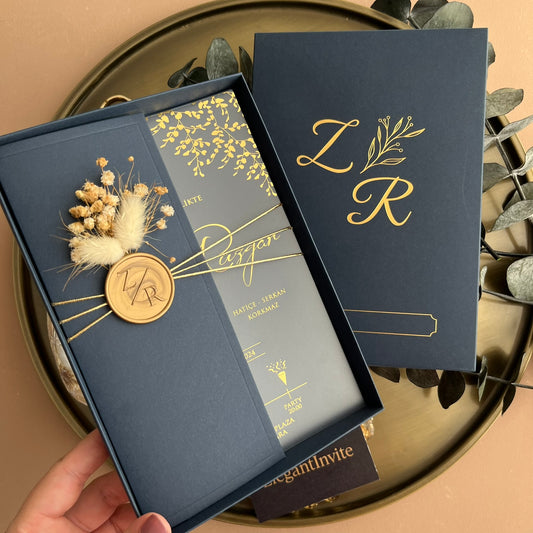 Navy Blue Box Acrylic Wedding Invitation with Gold Foil