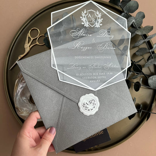 Geometric Acrylic Wedding Invitation with Silver Wax Seal
