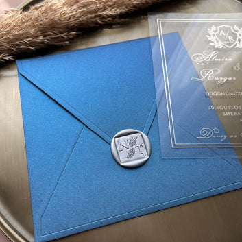 Luxury Acrylic Wedding Invitation with Midnight Blue Envelope and Silver Seal