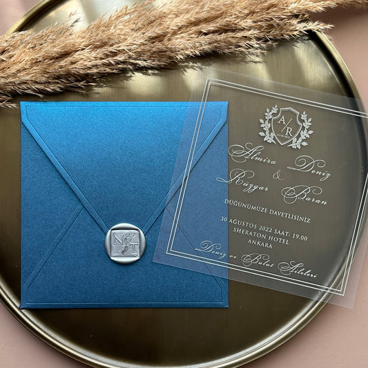 Luxury Acrylic Wedding Invitation with Midnight Blue Envelope and Silver Seal