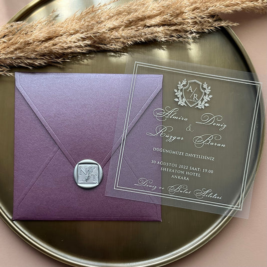 Elegant Transparent Acrylic Wedding Invitation with Purple Envelope