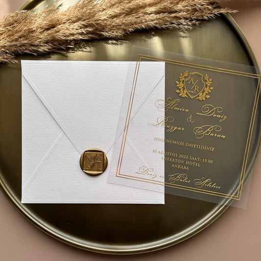 Gold Lettering Acrylic Wedding Invitation with White Envelope and Wax Seal
