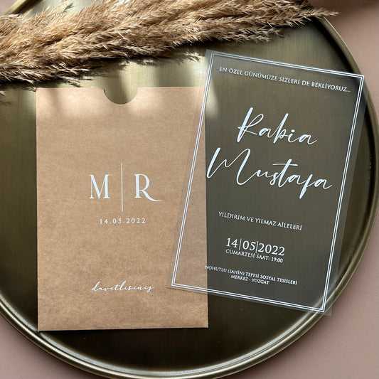 Minimalist Acrylic Wedding Invitation with Kraft Sleeve