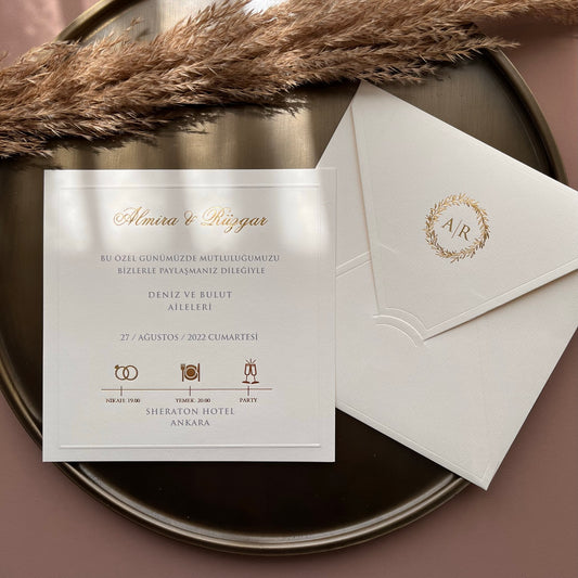Square Ivory Wedding Invitation with Gold Foil Details