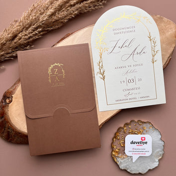Arched Wedding Invitation with Gold Foil and Brown Envelope