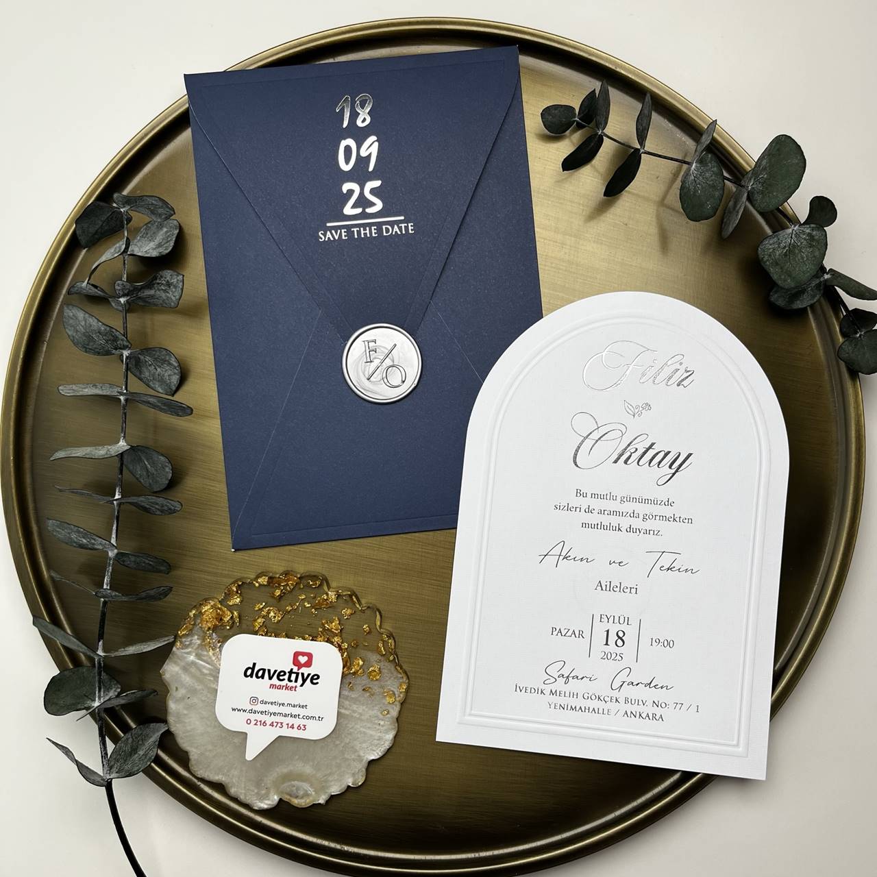 Navy Blue & White Arched Wedding Invitation with Silver Foil