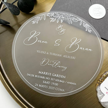 Round Transparent Acrylic Wedding Invitation with Grey Envelope