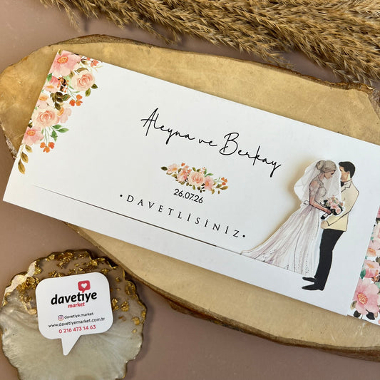 Romantic Sliding Wedding Invitation with Illustrated Couple & Floral Details