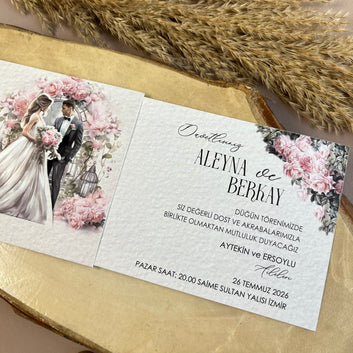 Romantic Wedding Invitation with Pink Floral Arch & Illustrated Couple – Textured Card
