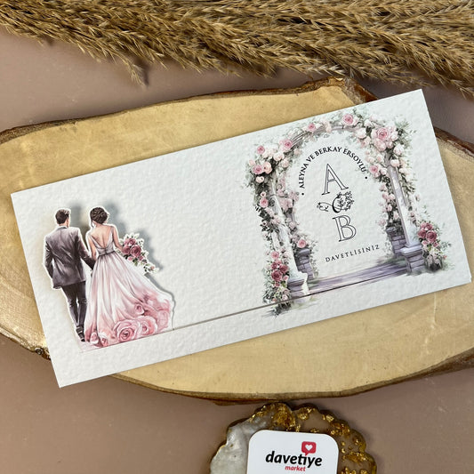 Floral Arch Wedding Invitation with Illustrated Couple – Elegant Walk-In Design