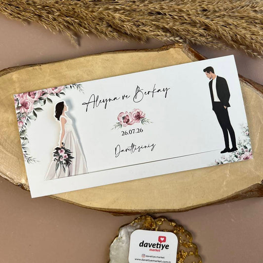 Minimal Wedding Invitation with Couple Illustration & Soft Florals