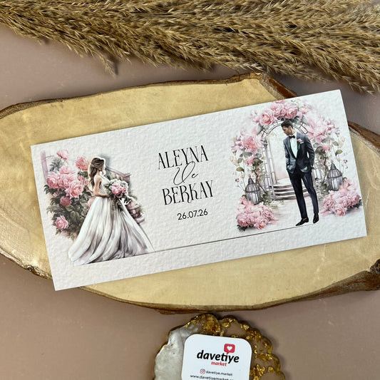 Romantic Wedding Invitation with Pink Floral Arch & Illustrated Couple – Textured Card