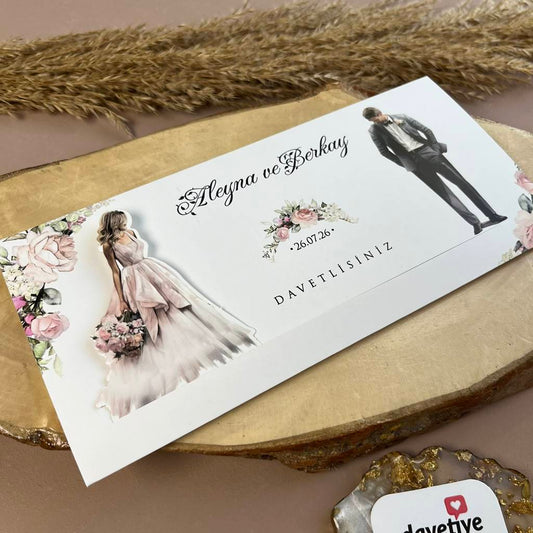 Elegant Bride & Groom Wedding Invitation with Pink Floral Detail