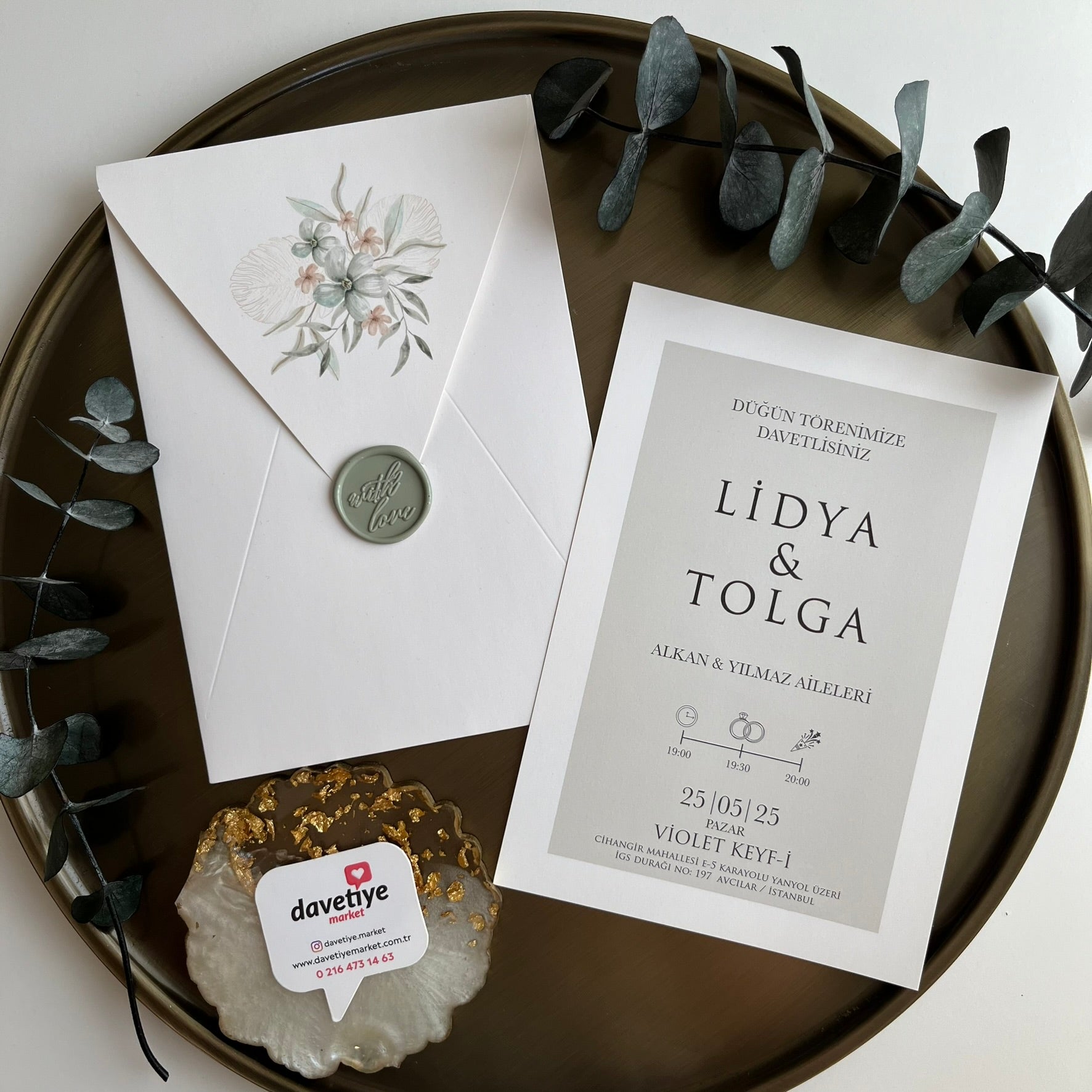 Minimalist Wedding Invitation with Botanical Envelope & Wax Seal