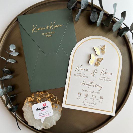 Butterfly Wedding Invitation with Gold Foil & Dark Green Envelope
