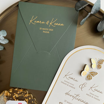 Butterfly Wedding Invitation with Gold Foil & Dark Green Envelope
