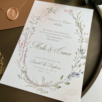 Rustic Floral Wedding Invitation with Copper Envelope & Wax Seal