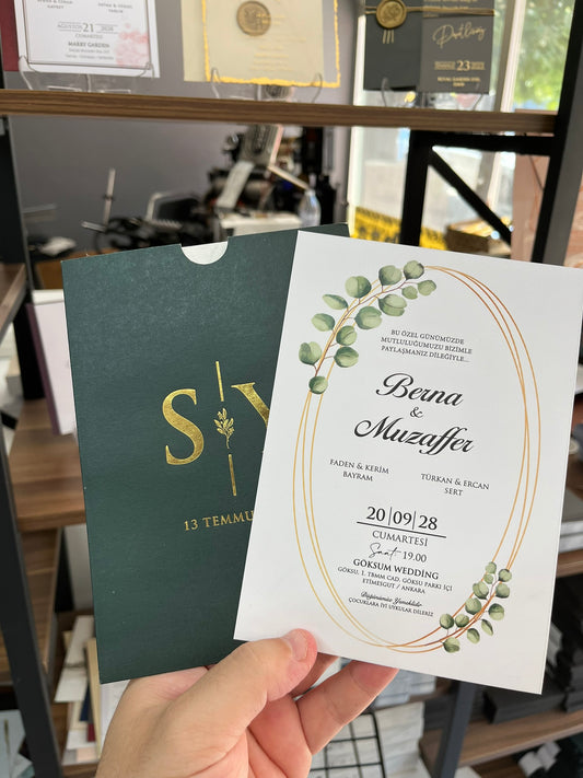 Green Wedding Invitation with Gold Foil and Eucalyptus Design