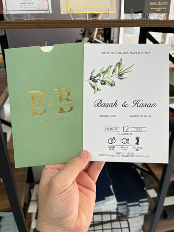 Green Olive Wedding Invitation with Gold Foil Monogram