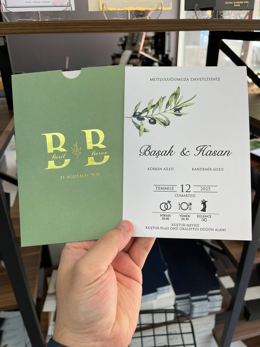 Green Olive Wedding Invitation with Gold Foil Monogram