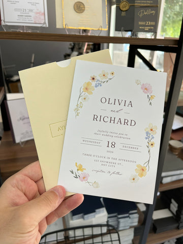 Floral Wedding Invitation with Soft Yellow Sleeve – Elegant & Romantic