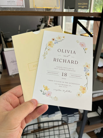 Floral Wedding Invitation with Soft Yellow Sleeve – Elegant & Romantic